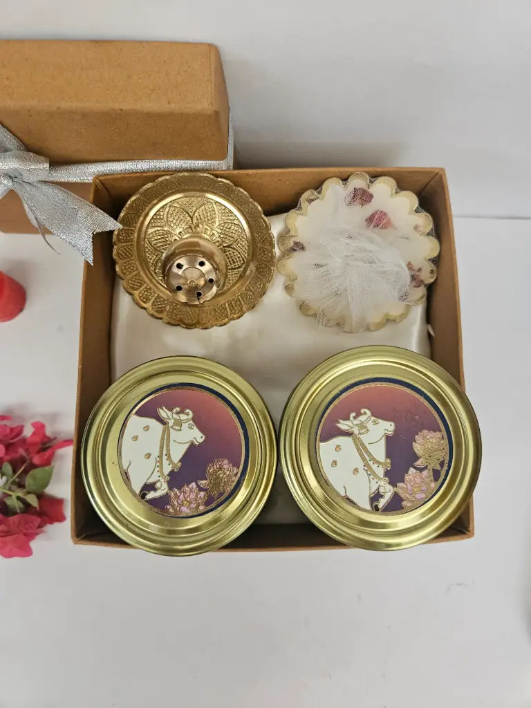 Brass Agardan with Metal Wax Urli & Dryfruit Jar Hamper