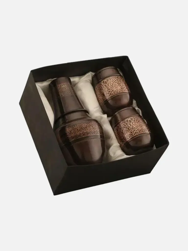 Premium Engraved Copper Bedside Water Set – 1L Jar with 2 Glasses | Pure Tamra Pital Gift Set