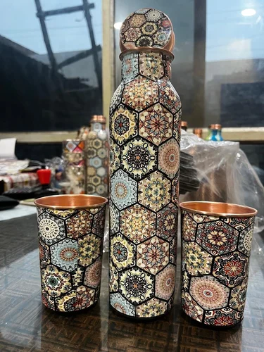 PRINTED COPPER BOTTLE SET WITH GLASSES – [1000ML]