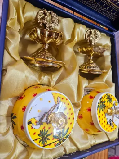 Set of 2 Brass Annapakshi Diya & Set of 2 Pichwai Jars with Gift Box