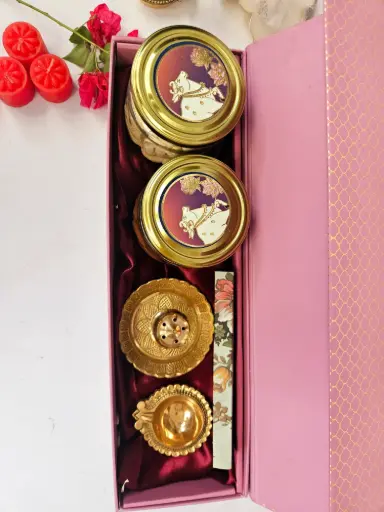 Brass Agardan & Kuber Diya Hamper with 2 Dry Fruit Jars & Premium Gift Box