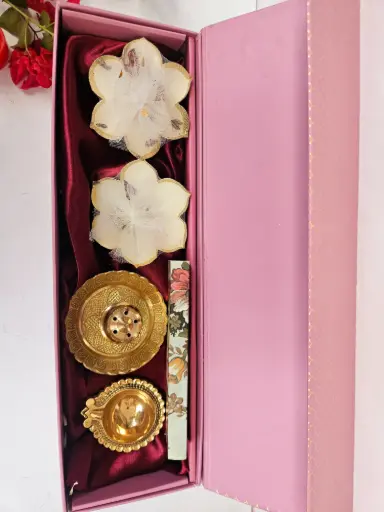 Brass Agardan, Kuber Diya, Incense Sticks & 2 Wax Urlis with Premium Gift Box