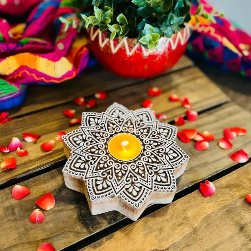 Wooden Block Tealight Holder (Large Mandala)