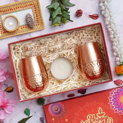 Festive Copper Glass Gift Set with Candle – 2 Hammered Tumblers | Pure Tamra Pital | Diwali & Wedding Gift Box